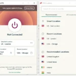 Giao diện ứng dụng ExpressVPN với danh sách vị trí máy chủ, minh họa việc bật VPN để bảo vệ eSIM và địa chỉ IP