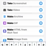 Giao diện ứng dụng Phím tắt trên iPhone hiển thị thanh tìm kiếm hành động 'Take Screenshot' để tạo phím tắt chụp màn hình