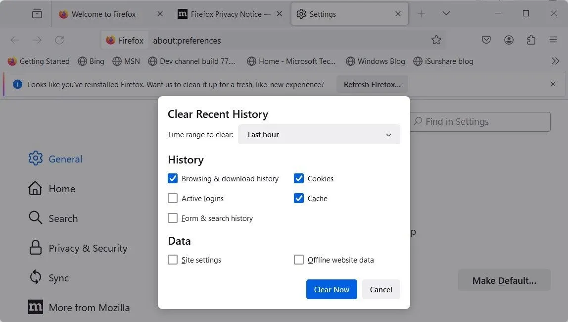Giao diện xóa lịch sử duyệt web trên Mozilla Firefox