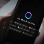 Hình ảnh người dùng đang sử dụng điện thoại thông minh, màn hình hiển thị giao diện trò chuyện với Meta AI trên ứng dụng WhatsApp, minh họa cho vấn đề bảo mật dữ liệu.