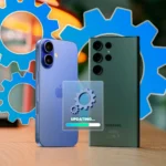 iPhone và Galaxy cạnh nhau với biểu tượng bánh răng và cập nhật, biểu thị các tác vụ nền