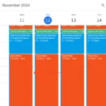Lịch Google Calendar với các khối thời gian được sắp xếp chặt chẽ, minh họa phương pháp Time Blocking.