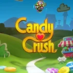 Logo trò chơi Candy Crush Saga với nền xanh vui nhộn