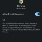 Màn hình cài đặt Android hiển thị tùy chọn cho phép cài đặt ứng dụng từ các nguồn không xác định, cụ thể là trình duyệt Chrome.