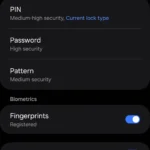 Màn hình cài đặt loại khóa Secure Folder cho phép bật vân tay trên Samsung Galaxy