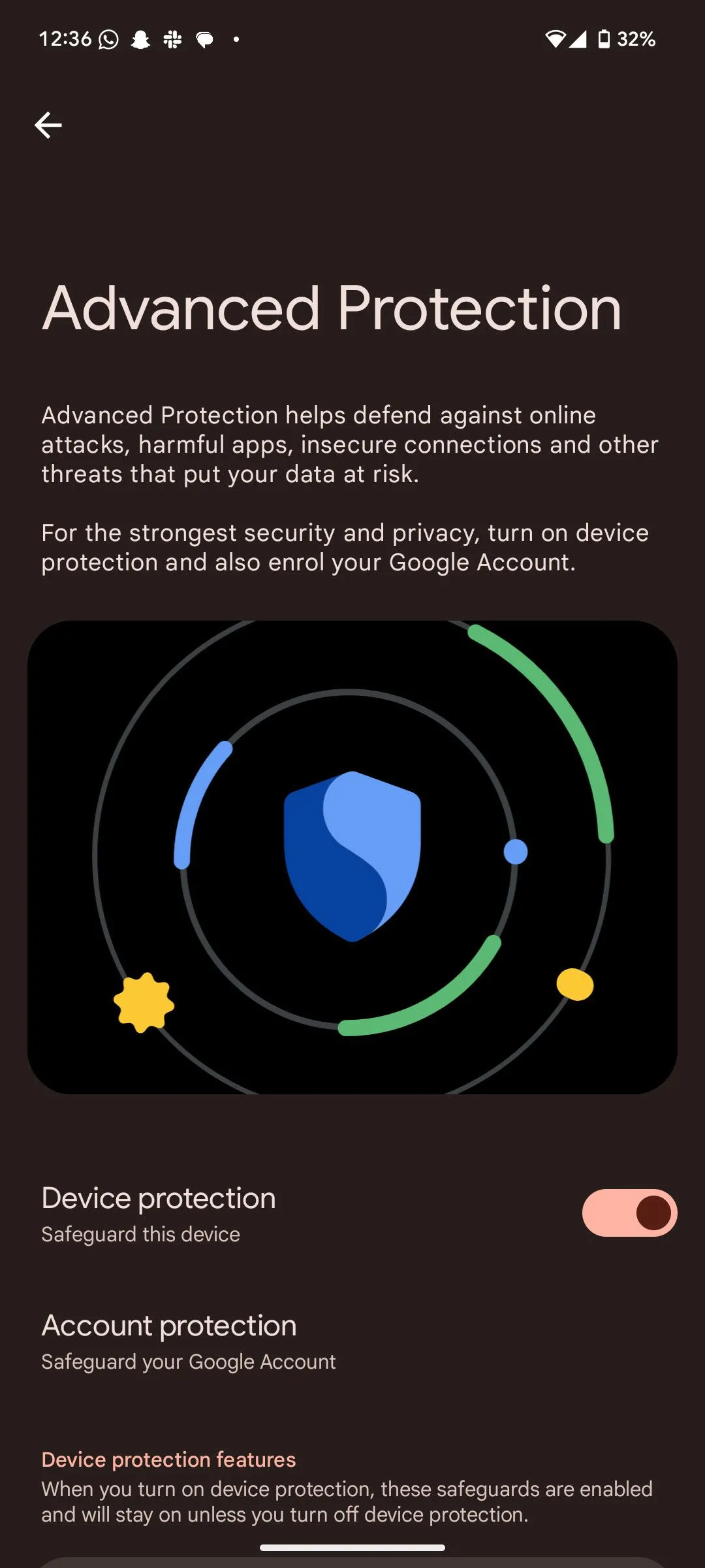 Màn hình cài đặt tính năng Bảo vệ Nâng cao (Advanced Protection) trên Android 16