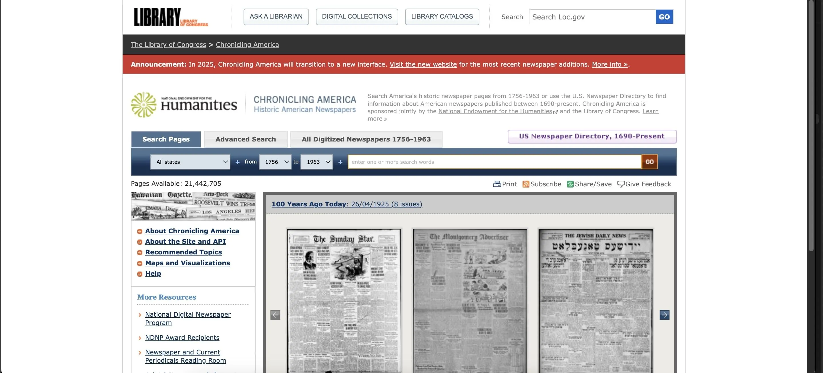 Màn hình trang web Chronicling America, ví dụ về nguồn hồ sơ công khai.