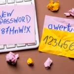 Mật khẩu yếu ghi trên giấy ghi chú cạnh bàn phím máy tính, minh họa tầm quan trọng của việc đổi mật khẩu mặc định cho thiết bị nhà thông minh.