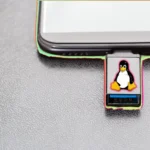 Người dùng cắm USB cứu hộ Linux có logo Tux vào laptop