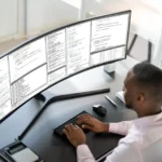 Người dùng đang làm việc với thiết lập màn hình rộng, cho thấy xu hướng kích thước màn hình lớn trên thị trường