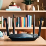 Router Wi-Fi với bốn ăng-ten được đặt trên bàn, tượng trưng cho việc khởi động lại và vị trí tối ưu thiết bị.