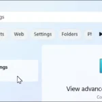 Thanh tìm kiếm Windows 11 hiển thị kết quả "view advanced system settings" để cài đặt SDelete