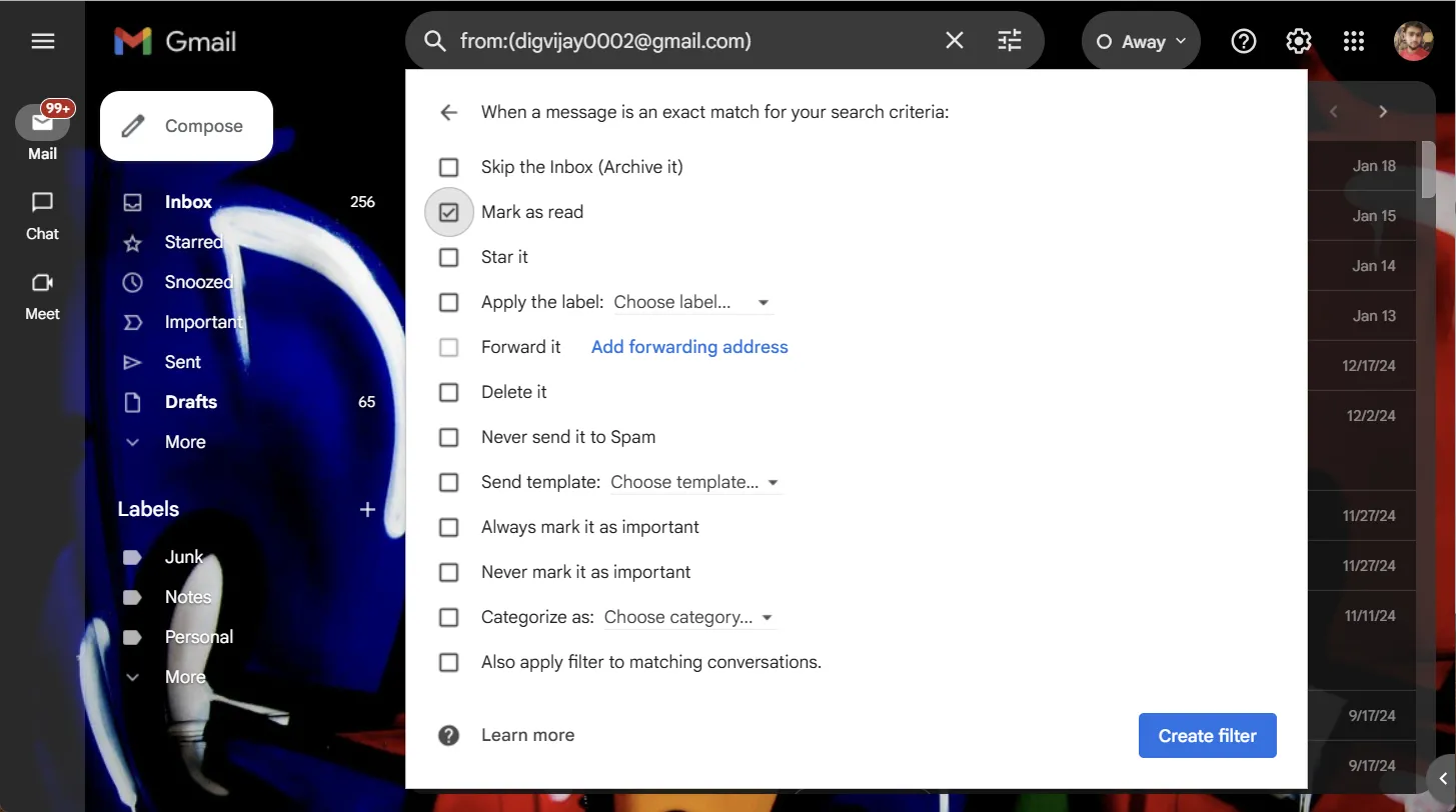 Thiết lập bộ lọc đánh dấu email đã đọc trong Gmail để giấu đơn hàng