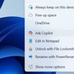 Tùy chọn "Ask Copilot" xuất hiện trong menu ngữ cảnh (chuột phải) trên File Explorer của Windows.