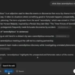 Ví dụ về truy vấn ChatGPT tìm kiếm định nghĩa "serendipitous" và câu trả lời ngắn gọn